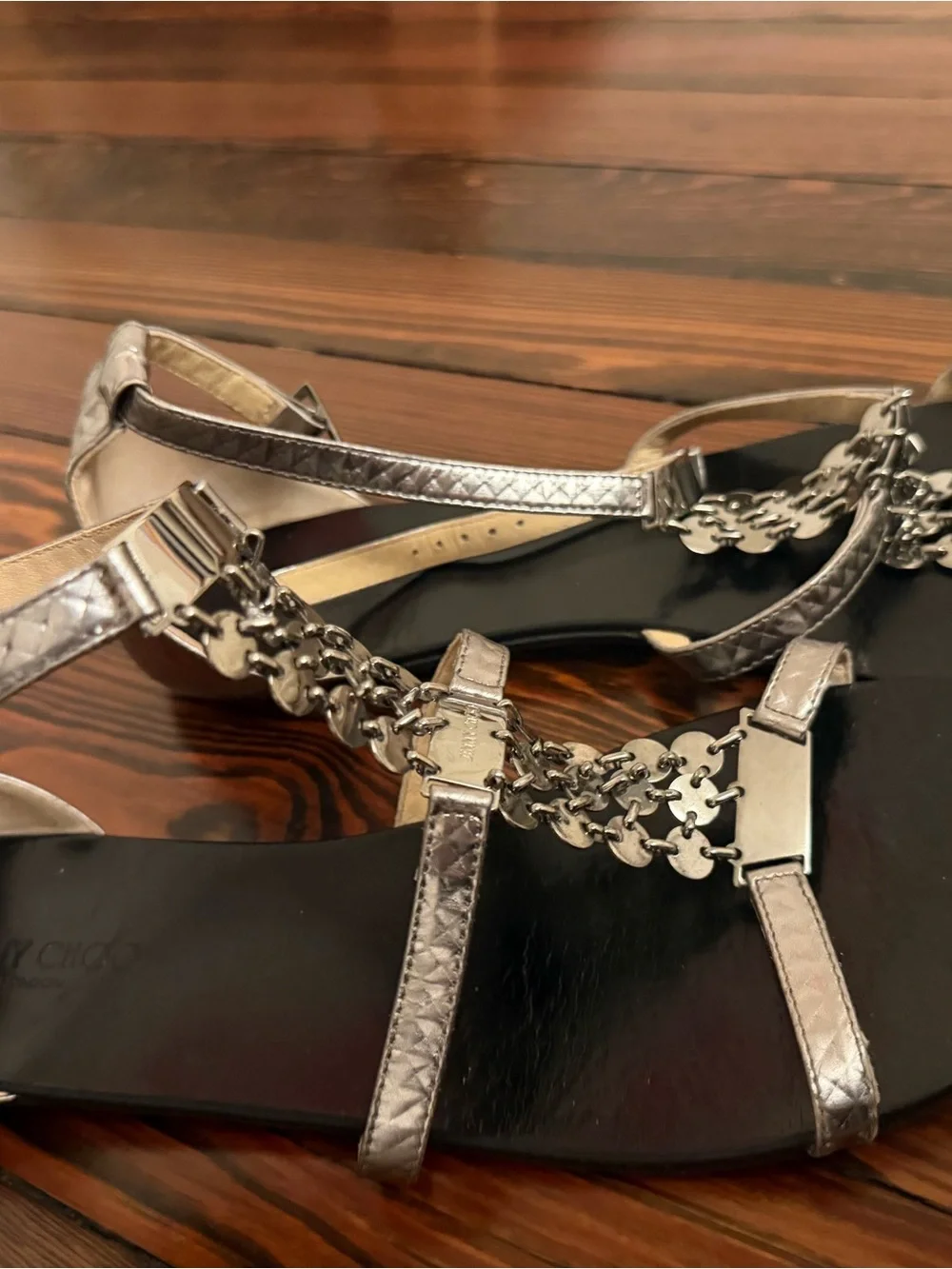 Jimmy Choo Silver T-Strap Chain Embellished Flat Sandals